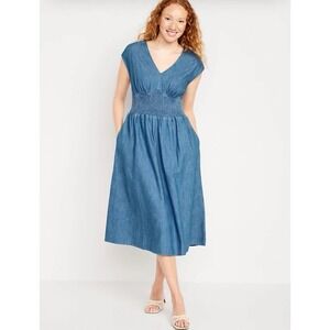 Old Navy Petite S Midi Dress Denim Defined Empire Waist Western Cowgirl Cottage